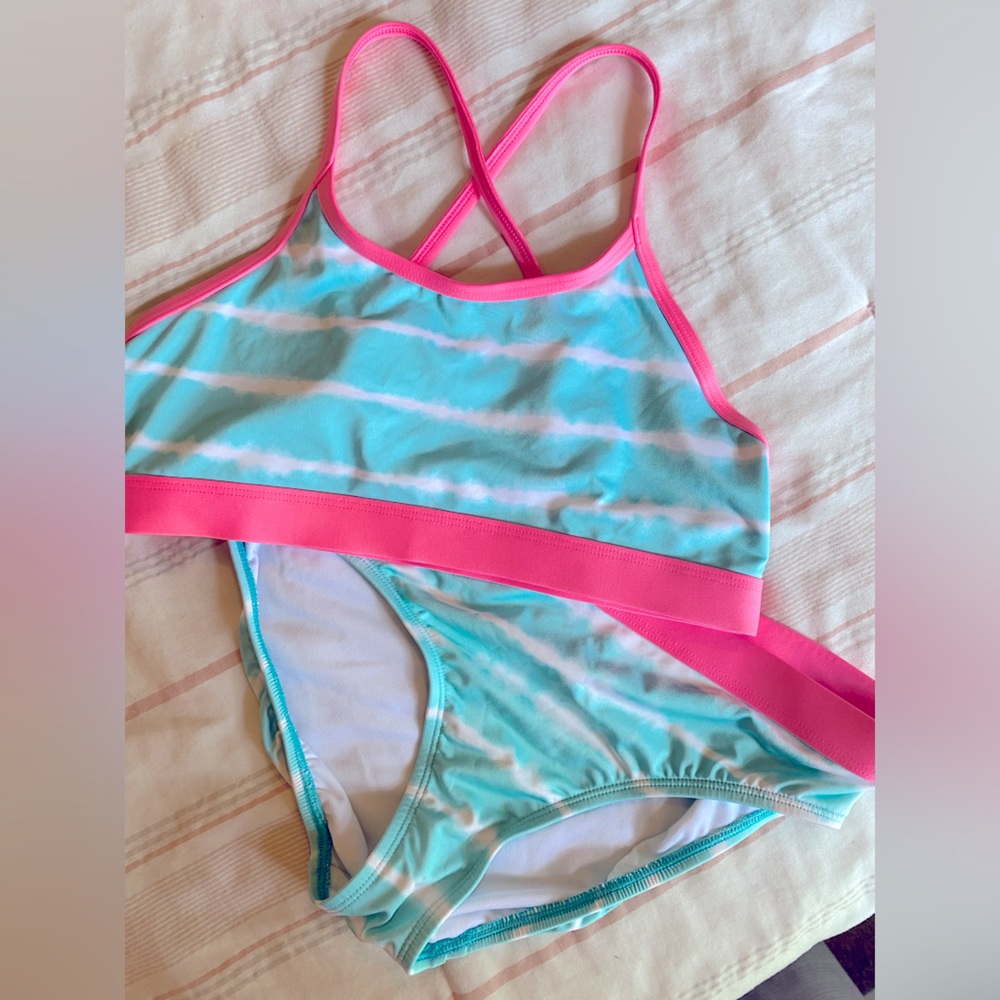 Lands End girls size 12 Bikini turquoise and pink